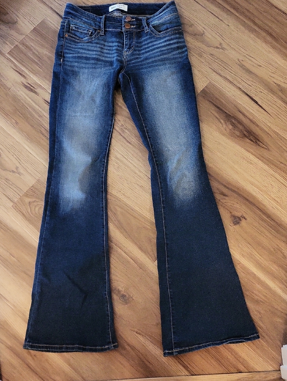 BKE Stella Dark Blue Flare Jeans with Faded Whiskering